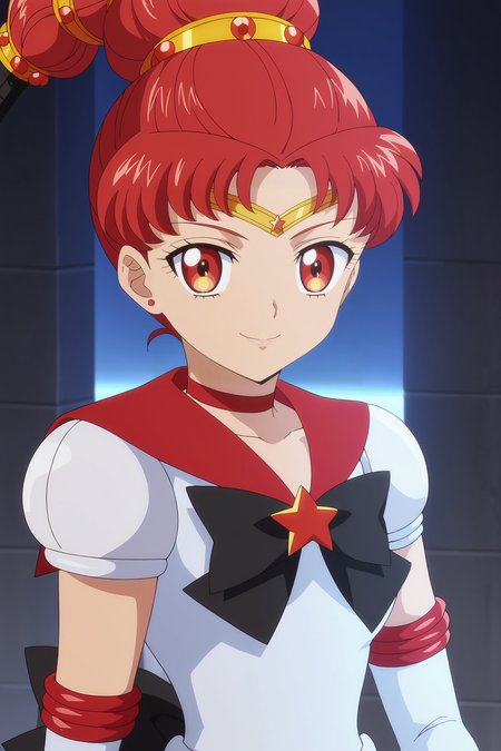 score_9, score_8_up, score_7_up, prefect lighting, source_anime, very aesthetic, BREAK, anime coloring, anime screencap,
<lora:vesves_sailor_moon_v1-pdv6:0.9>, 1girl, vesves \(sailor moon\), bishoujo senshi sailor moon crystal, red eyes, red hair, multi-tied hair,
sailor senshi uniform, white gloves, elbow gloves, red sailor collar, star brooch, circlet, short sleeves, red choker, black bow, 
BREAK, looking at viewer, smile, upper body, 
BREAK,