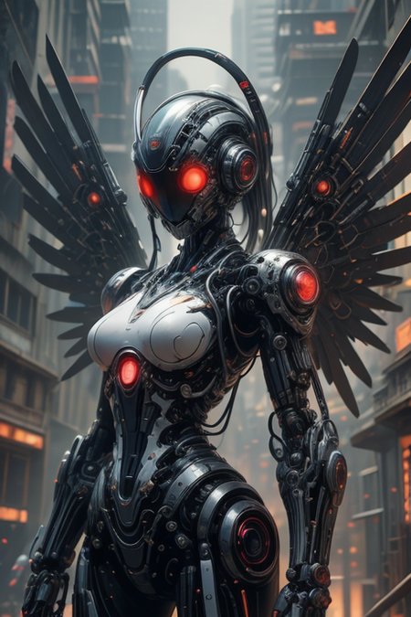 cybernetic robot cybernetic style biomechanical cyberpunk masterpiece,best quality,absurdres,high details,8K,photorealistic,at distance,cowboy shot,1girl,<lora:wrenchsmechs:0.7>,wrenchsmechs,glowing,mecha,halo,mechanical wings,<lora:Concept_-_Hella-sthetic_v2:0.7>, . cybernetics, human-machine fusion, dystopian, organic meets artificial, dark, intricate, highly detailed . futuristic, technological, cybernetic enhancements, robotics, artificial intelligence themes . android, AI, machine, metal, wires, tech, futuristic, highly detailed