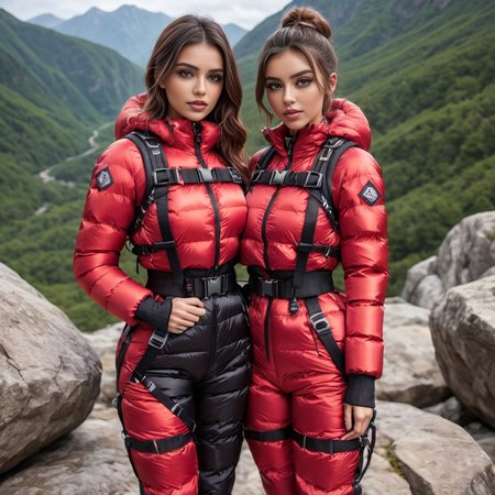 ((full body shot)), photo of two american women ,unique, wearing a black and red  (Kaleidoscopic downsuit puffer_downsuit prom ballgown, ((rock climbing harness))), unique hair styles,   looking at the camera, shallow depth of field, 8k uhd, dslr, soft lighting, high quality, photorealistic, realism, hyperrealism,  large cleavage  <lora:add-detail-xl:3>,   mountain scene
 <lora:puffer_downsuit_v1:0.6>