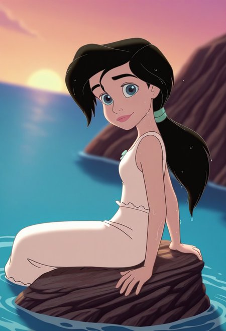 (screencap, official style:1.2), blurry background,
1girl, small breasts, (MelodyXL:1.1), black hair, blue eyes, ponytail, makeup, sleeveless, shirt, pants, white pajamas, 
light smile, dutch angle, sitting on water, rocks, from side, from above, wet, head tilt, cute pose, looking at viewer, outdoors, sea, dynamic pose, cowboy shot, warm light, daylight,
<lora:Melody_character-12:1>