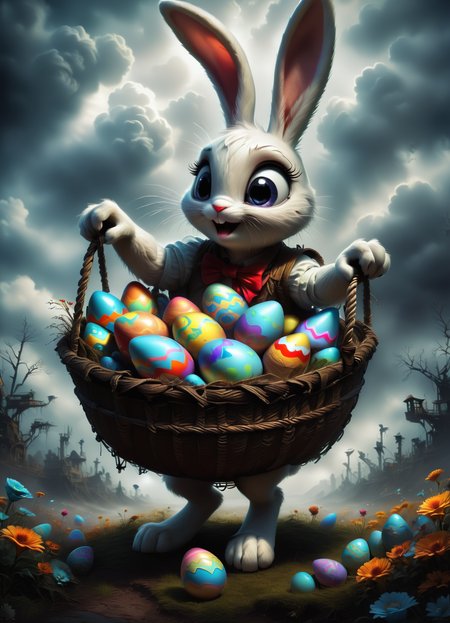 DonMGl00myN1gh7m4r3XL,score_9, score_8_up, score_7_up, score_6_up, female  easter bunny, anthropomorphic hare, colorful eggs, festive clothing and accessories, basket filled with easter eggs, fertility, rebirth, spring, cheerful, sustainable,maritime,illusionary,subtle,opposing,squirting,resilient ,  creepy, gloomy, rating_safe <lora:DonMGl00myN1gh7m4r3XL:0.65>