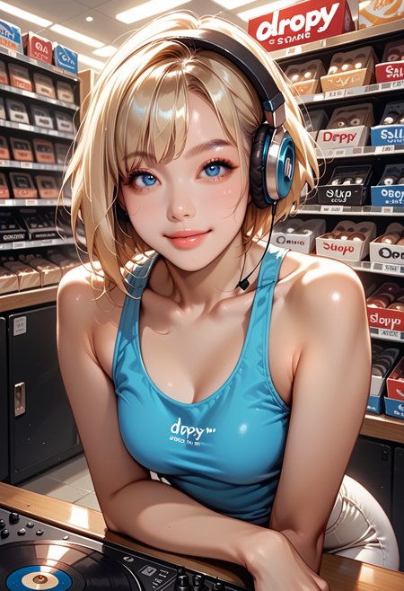 score_9, score_8_up, score_7_up, score_6_up,  asian girl, silk blonde hair, short hair, bangs, droopy eyes, tareme,  round face, big bright blue eye, small perky breasts, sexy pink lips, half lips, detailed eyes, eyeshadow, shy, cute smile, BREAK slim figure, tall body, wide hips, pale skin, outstanding style, sexy, smart looking, sitting on counter, (Musical instrument store, music store, Record store), wearing headphones, tank top, record shelves, indoors, ( closed-up, near viewer), eye_focus, looking_at_viewer, <lora:Eyes_Lora_Pony_Perfect_eyes:0.3>,  <lora:Lora_RND_futa:0.7>