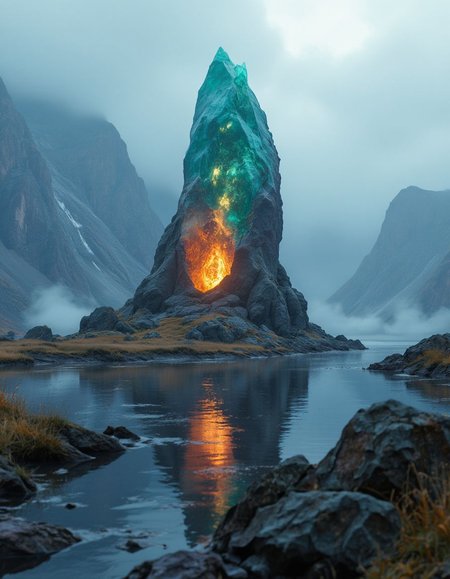 extremely detailed, landscape of an unknown planet, (futuristic monolith:1.8), the monolith is (covered:1.1) with minerals and rare crystals of an alien type, The crystal has sharp, geometric facets in shades of deep orange and blue, amethyst, and emerald, with a subtle internal glow, futuristic landscape, lake, cloudy weather, unreal engine 5, perfect composition, vibrant, rtx, hbao, extremely detailed, maximum resolution, 8k, (perfect composition:1.2), superior color grading,  (realistic:1.4), (panoramic composition:1.5), (night photography:1.5), complementary colors, foggy atmosphere, lord of the rings style Worm’s-eye view,
Frontal view,
Shallow depth of field,
Highlight,
Cursed Village,
Ultra-high resolution,
<lora:Hyper-FLUX.1-dev-16steps-lora:0.125> <lora:XLabs Flux Realism lora:1>