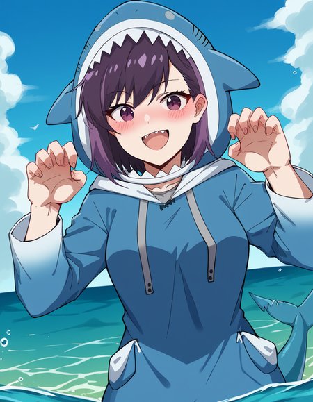 score_9, score_8_up, score_7_up, source_anime, <lora:rika-honjouji-alpha-ponyxl-lora-nochekaiser:1>, rika honjouji, short hair, bangs, purple hair, purple eyes, streaked hair, medium breasts,, <lora:gawr-gura-cosplay-ponyxl-lora-nochekaiser:1>, gawrguracosplay, gawr gura (cosplay), shark hood, shark costume, blue hoodie, shark tail, animal hood, fish tail,, outdoors, ocean, water, submerged, smile, blush, paw pose, open mouth, fangs, sharp teeth,, , cowboy shot, dutch angle,