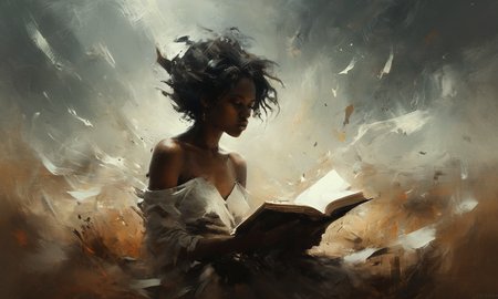 Earthy tones swirl around a Black girl in a windy field, her open book a portal of flying pages rendered in bold lines and gritty brushstrokes, treading on artstation, (style of Martin Grip, Richard Anderson, Silvia Pelissero:1.4)