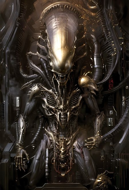 An insanely Detailed Divine Xenomorph, Golden and silver in color, cyberpunk, a crimson tinge to the golden color, Hyperdetailed, Omnipresent, Beautiful, Sinister overtones, otherworldly,by HR Giger