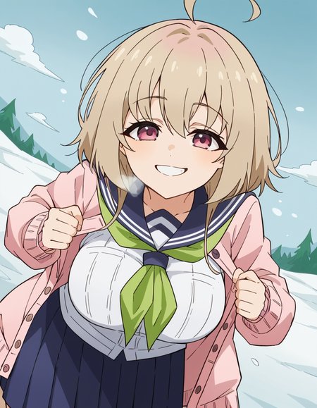 score_9, score_8_up, score_7_up, source_anime, <lora:kinu-tanukikouji-s1-ponyxl-lora-nochekaiser:1>, kinu tanukikouji, bangs, blonde hair, pink eyes, medium hair, sidelocks, ahoge, large breasts,, skirt, shirt, long sleeves, school uniform, white shirt, pleated skirt, open clothes, serafuku, sailor collar, blue skirt, neckerchief, cardigan, blue sailor collar, open cardigan, pink cardigan, green neckerchief,, snow day, winter clothes, snowball fight, laughter, cold breath, white landscape, , , bent over, smile, smug,, solo,, cowboy shot, dutch angle
