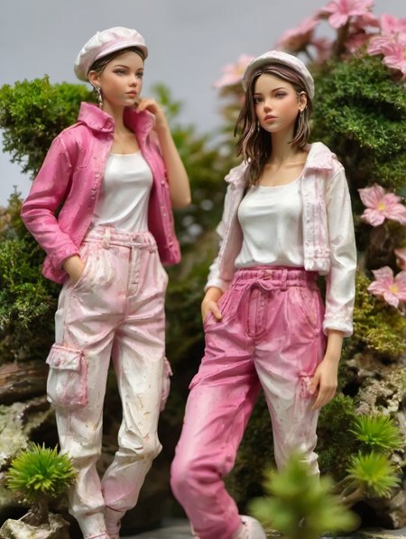 resin material style, close up, pink and white outfits, ready poses,  weathered textures, plants,  <lora:è¶ä½¬V1:0.7>