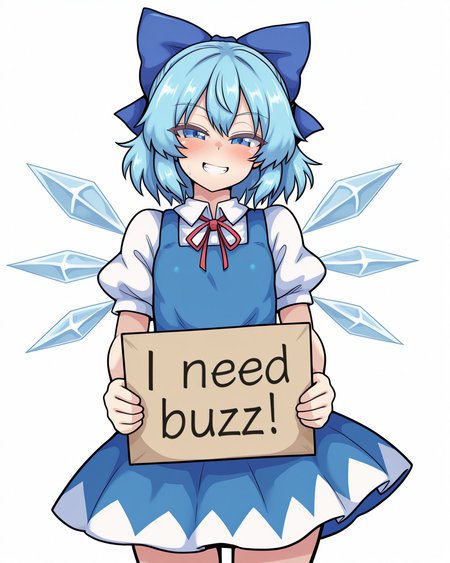 1girl, solo, cirno,blue bow,blue hair,blue eyes,blue dress,white shirt,red ribbon,ice wings, flat chest, naughty face, grin, need_buzz, holding sign, black-burakku, standing, looking at viewer, cowboy shot, simple background, white background, masterpiece, best quality, very aesthetic, absurdres