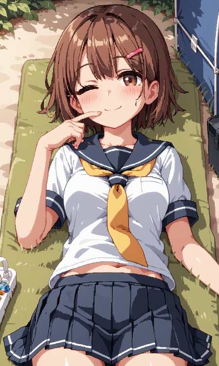 score_9, score_8_up, score_7_up, BREAK source_anime, masterpiece, anime screencap, shiny skin, official style, illustration,
8k, highres, incredibly_absurdres,
insanely detailed, anatomically correct, best perspective,
<lora:Aduare Style Pony:0.35>,
pixel art,
1girl, (Beautiful Breasts, natural breasts:1.2),
smile, one eye closed ,
cowboy shot ,
from below,
sharp focus, colorful,
blush, Drunk ,
looking back,
shushing, finger to mouth,
lying, on back ,
short hair, flat chest, brown eyes, hair ornament, brown hair, hairclip, bangs, 
school uniform, skirt, serafuku,short sleeves,yellow neckerchief, pleated skirt, black skirt, shirt, sailor collar,
In the park, in the woods, in a tent,
<lora:Summer_Memoriesãã¾ããã¼_Doujin_OtomeHentai_Game_Art_Style:0.85>
