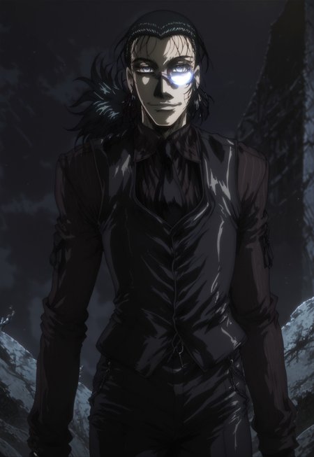 score_9, score_8_up, score_7_up, 1 boy, solo, DarkWalter, blue eyes, black hair, black tie, black vest, black pants, black shoes, black fingerless gloves, keychain, monocle, back slicked ponytail, looking at viewer, gentle smile
