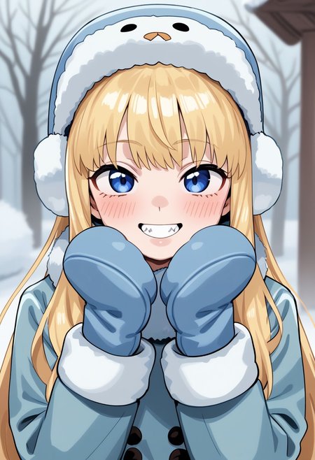 iisan, digital illustration, charact portrait, depth of field, pastel coloring/(medium/), blonde hair, very long hair, blushing, face focus, buck teeth, looking at viewer, ushanka, mittens, winter coat