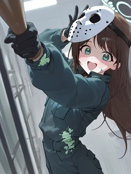 modare, 1girl, solo, airi_(halloween)_(blue_archive), small breasts, dark green jumpsuit, black gloves, green paint splatter on clothe:1.2,  green paint splatter on face:1.2, baseball bat, long straight hair, brown hair, hockey mask on head, alternative_official_costume, <lora:Airi__Blue_Archive_-_Halloween_Costume_アイリ_-_ハロウィン:0.5>,  airi_(blue_archive)_hlw, __positive__, shaded face, (((inside an old factory:1.2))),  blurry background, crazy smile, (((incoming attack:1.5))), looking at viewer, from side, arms up, holding bat with two hands, very dynamic pose, ((dynamic angle:1.5)), blurry foreground