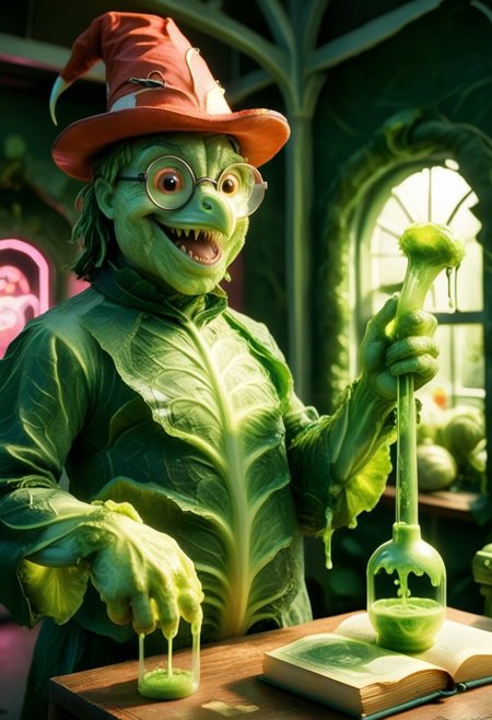 (An anthropomorphic white crane bird looks out at an audience, while reading aloud from a magical book, solo, 1man, 70yo, open mouth, happy smile, black and pink magician old dusty outfit made of cabbages, very small black round glasses, red hat:1.5). An opened impressive magic book, (book cover made of cabbages leafs, cabbage, cjdl:1.5), (leaking green fluo neon acid from inside to the outside, TOXNEO:2). (side view, 3/4:1.4), (focus on the book pages:2). Rays of light coming from inside the book.
 The atmosphere is magical and dreamy. 
(In the foreground, we see a cabbage that transforms into a monster following a toxic liquid, TOXNEO.:2)
Dusk, blue sky, orange rays of sun. dutch-angle, (foreshortening, perspective:2).