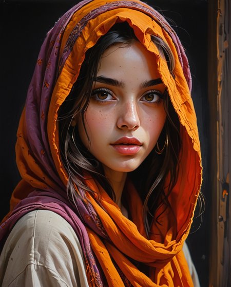 Drawing, full-length profile portrait of a girl with Arab features, with a wide hood, round face, loose hair, strands of hair covering the eyes and face, parted lips, full lips, perfect and hyper-detailed red and orange eyes, hair loose and messy mauve, wide felt hood, scarf on the neck, earrings, looking between two horizontal beams, black background, bright colors, sensuality, desire, side lighting, very high contrast, hard shadows, hyperrealistic, oil on canvas, strokes of paint with spatula, splashes