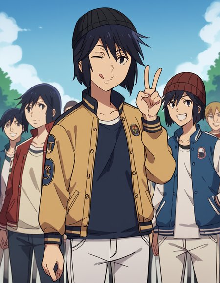 score_9, score_8_up, score_7_up, source_anime, <lora:sachiko-fujinuma-s1-ponyxl-lora-nochekaiser:1>, sachiko fujinuma, short hair, black hair, black eyes,, <lora:letterman-jacket-ponyxl-lora-nochekaiser:1>, letterman jacket, jacket,, outdoors, crowd, people, v, v over eye, one eye closed, tongue out, smile, beanie, pants, open clothes, open jacket, , cowboy shot, dutch angle