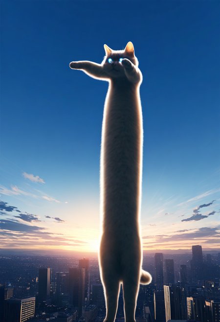 longcat (meme), no humans, cat, sky, glowing, city, cloud, scenery, cityscape, building, glowing eyes, giant, animal focus, backlighting, sunlight, sky, blue sky, 
masterpiece, best quality, amazing quality, very aesthetic, absurdres,
<lora:concept_longcat_Illustrious_V2L:1>