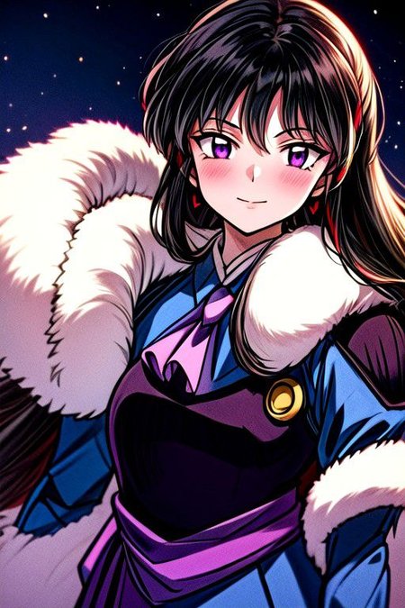 masterpiece,  best quality 1girl Setsun4 solo long hair,  (night time) forest background black hair very long hair purple eyes multicolored hair armor (fur trim) (medium body),<lora:EMS-179-EMS:0.800000>,<lora:EMS-293862-EMS:0.800000> bow, hair_bow, hair_tubes, red_bow, brown_hair, long_hair, bangs, sidelocks, ascot, brown_eyes, frilled_bow, yellow_ascot, blush, smile, hair_between_eyes