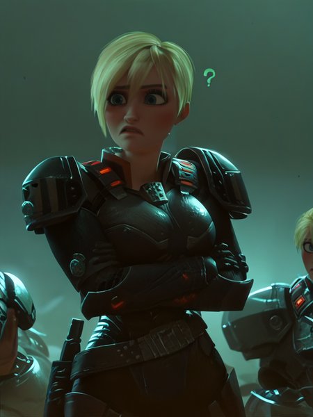 score_9, score_8_up, score_7_up, 1girl, dynamic pose, cowboy shot, simple background, hands at side, embarrassed, !?, looking at her breast, blush, 
 <lora:ASergeantCalhoun_character:1>, SergeantXLP, blonde hair, short hair, blue eyes, armor, shoulder armor, bodysuit, screencap,