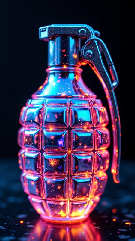 A holographic grenade that flickers between visibility and invisibility, made of liquid Multi-tiered encased in a Chic, chrome shell. Itâs adorned with holographic symbols that shift in and out of focus, displayed with sparks of neon Peach and Dark, as if itâs about to detonate in a flash of color.    , aidmafluxpro1.1