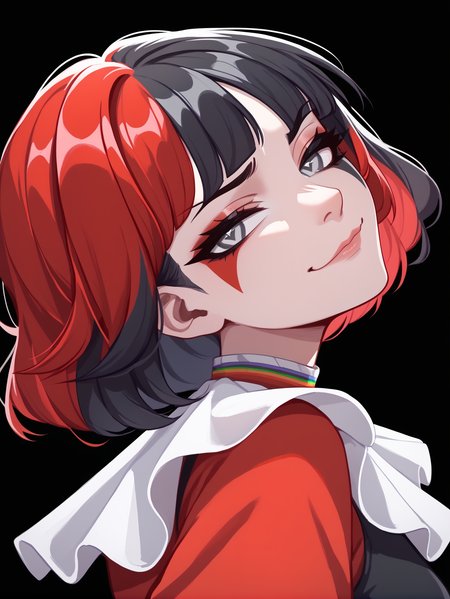 (score_9, score_8_up, score_7_up:1.1), 1girl, MUF, clown dress, (multicolored hair:1.3), grey eyes, diamond shaped pupils, (red hair, black hair, short hair:1.2), smug face, serious face, black background, dynamic angle <lora:Muf:1> <lora:shaft_head_tilt-PD-1.0-all:1> (shaft head tilt:1.2)