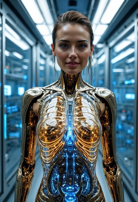 the most realistic, photorealistic photo ever taken [PORTRAIT MID BODY SHOT, extremely detailed, 8k, BEAUTIFUL FEMALE ANDROID (SEDUCTIVE SMILING:1.5), looking at the camera, IN A HIGH TECH FUTURISTIC LABORATORY, LEDS,BIOMECHANICAL BODY PARTS, (glass TRANSPARENT ULTRA DETAILED BODY shell:1.5) SHOWING blue and gold CIRCUITRY INSIDE THE BODY, Detailed hand, (DYNAMIC POSES:1.5), Perfect hand, ],ANDROID