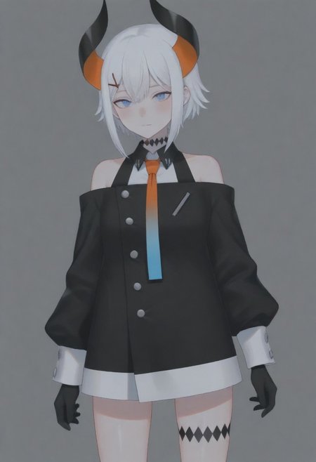 masterpiece, best quality, amazing quality,,, shiny skin,,,,,,,,nijilevi,,blue eyes,white hair,horn,pail skin,short hair,hairclip,nijilevicos,collared shirt,bare shoulder,gradient necktie,puffy long sleeves,white cuffs,black gloves,single thigh strap,