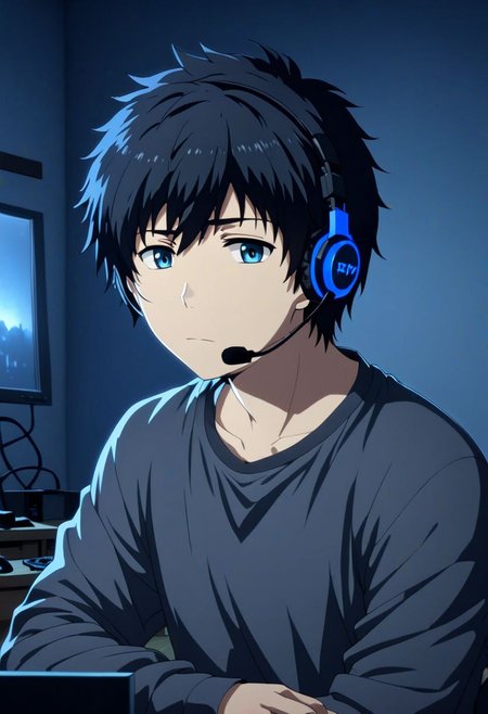 high resolution, solo, best quality, 1Boy, Arata Kaizaki, Black Hair, gamer, bedroom, night, pc, sit, headset, portrait, OverallDetail