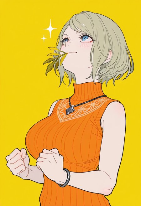 masterpiece, best quality,
<lora:RE4Ashley:1.0>
RE4Ashley, 1girl, blonde hair, short hair, blue eyes,(serious,smile,blush,looking up),(big breasts),(orange sweater,bare arms,bracelet,necklace),(upper body),(holding yellow herb leaves in mouth,clenched hands, triumphant pose),(flat color,simple background,yellow background,sparkle pattern background)