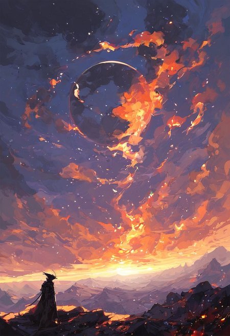 score_9, score_8_up, score_7_up, solar eclipse, dark sky background, burning planet, solar flares, magma fall from solar eclipse, dark fantasy, goth, holy, landscape, visual setting.