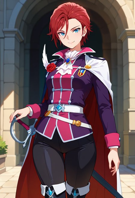 masterpiece, best quality, amazing quality, very aesthetic, absurdres, newest, illustration, perfect composition, intricate details, highres, uncensored, general, 1girl, solo, (cowboy shot:1.2), prax conrad, mature female, blue eyes, red hair, short hair, asymmetrical bangs, hair between eyes, small breasts, uniform, genderswap, cape, ascot, black pants, knee boots, brooch, red rose, sword, sheath, sheathed, looking at viewer, smile, outdoors, shiny body, shiny skin, skindentation, clear skin, shiny hair, ultra detailed eyes, depth of field, sharp, intricate details, hyperdetailed, ultra-detailed, detailed clothing folds, high contrast, dynamic light <lora:Prax Conrad_Back Arrow_ill:0.8>