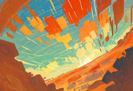 angular abstract 2d concept art, vista landscape of a red orange desert wasteland about to witness the mojave desert storm, azure blue sky with puffy clouds ,  dutch angle,  score_9, score_8_up, score_7_up, score_6_up, score_5_up, score_4_up, 1person,