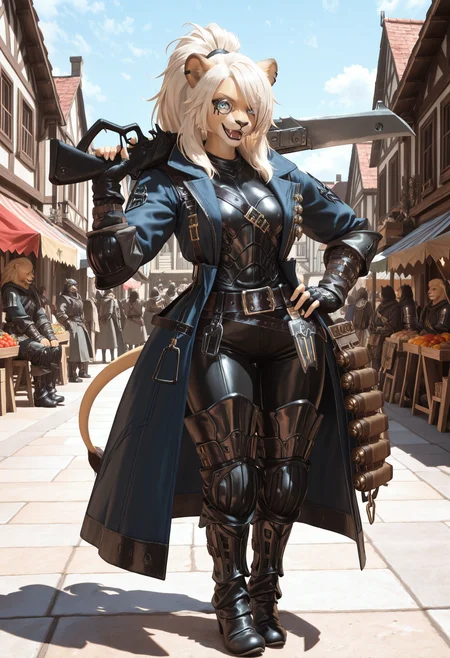 masterpiece, best quality, absurdres, highres, newest, <lora:cfg_scale_boost:.7>, smile, full body,standing, female focus, 1girl, crowd, lion girl, animal ears, tail, ((furry female,  animal nose):1.5), long hair, glaring, high ponytail, swept bangs, hair over one eye, 
bodyguardaf, black fingerless gloves, blue long coat, black armored boots, armor,  monocle, black pants, belt, open coat, thigh boots, bandolier,belt,
looking at viewer, gunblade,  holding weapon,  
medieval, fantasy, village, market, fangs, hand on own hip, weapon over shoulder, 
complex composition, detailed eyes, detailed body, ultra detailed, masterpiece, best quality, amazing quality, very aesthetic, realistic, photorealistic, <lora:Bodyguard_IL:1>