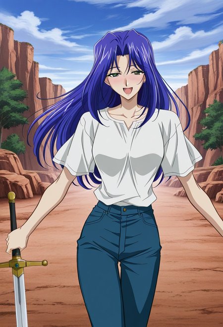 general,highres, ultra-detailed,very aesthetic,best quality ,best hands,masterpiece, best quality, newest, highres, score_9, score_8_up, score_7_up, source_anime, rating_explicit,1girl, yokota mamoru style,motion lines,Very straight nose，slim,slender face,perfect nose,torogao,seductive smile,looking at the viewer
Stevia Goodking Henry,Blue Hair, Curtained Hair, Long Hair, Hair Parted in Middle，Green Eyes
 sunrise stance,  solo, open mouth，tree,cloudy day,Longsword,cloudy tree,CANYON，jeans，shirt