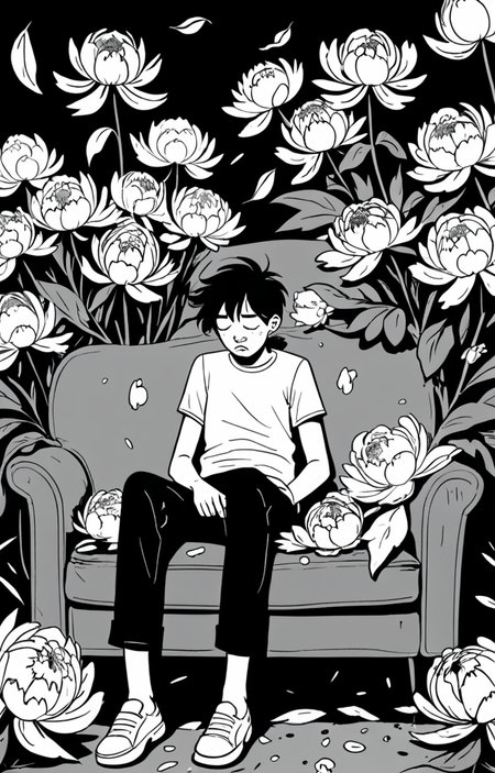 masterpiece,best quality,<lora:tbh373-sdxl:0.6>,illustration,style of exhausted people ,greyscale and white,comic decaying peonies