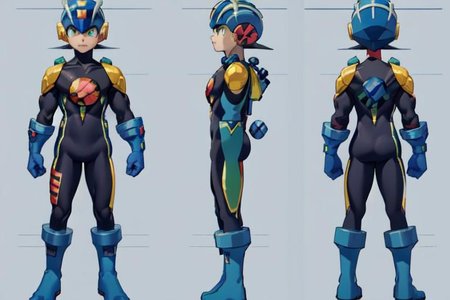 (masterpiece, official art, simple background, full body, standing, chara-sheet), best quality, megaman, (dark blue boots), (red headwear, dark blue helmet with yellow stripe), (indigo bodysuit with yellow), covered collarbone, yellow pauldron, (dark blue gloves), (green eyes), (red circular chest piece), muscular, large pectorals, thick thighs