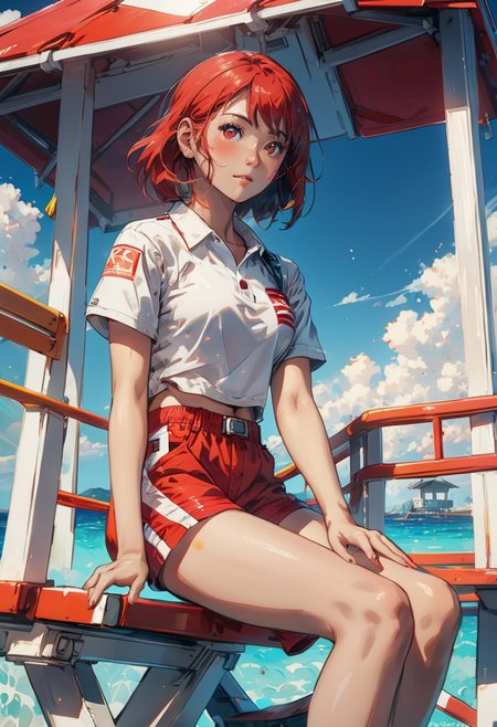 1girl, a girl as a lifeguard, sitting in the sun on a white lifeguard tower, plain white shirt, red shorts, 8k, professionally color graded, depth of field , futuristic-fantasy-anime
 <lora:futureistic_fantasy_anime_sdxl_v1:0.8>