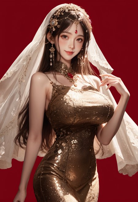 1girl,red background,,ruanyi1009,sleeveless dress,jewelry,gem,hair ornament,cowboy shot,skin tight,veil,<lora:1009 performance clothes_v1_pony:1>, score_9, score_8_up, score_7_up, score_6_up, score_9, score_8_up, score_7_up, score_6_up source_anime, blush, 1girl, seduce smile, perfect body , natural huge breasts
