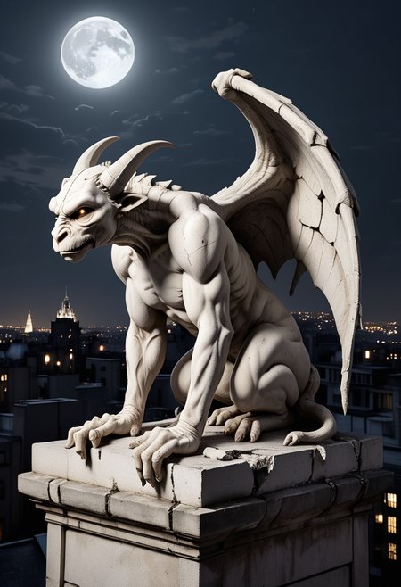 (medium full shot) of (mystical limestone white cracked stone gargoyle) with quadrupedal body, tattered wings, hazel eyes, broken horns, clubbed tail, set in  a grand city rooftop, with majestic spires, glimmering lights, a sense of wonder , under the moonlight, ,Masterpiece,best quality, raw photo, realistic, very aesthetic, dark