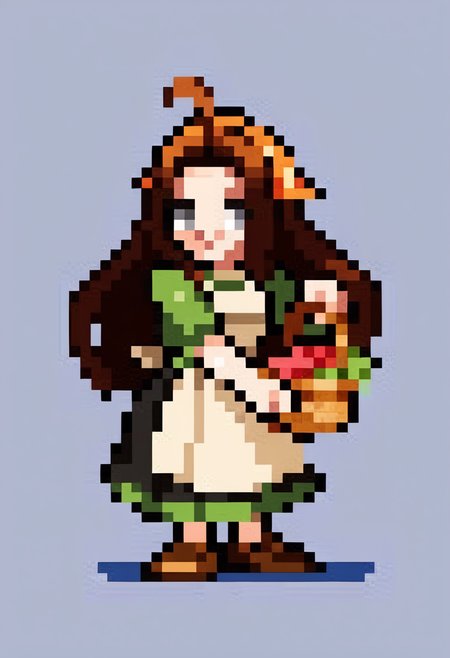 score_9, score_8_up, score_7_up, source_anime, BREAK, solo, 1girl, smile, looking at viewer,  <lora:Leanboox-Sprite-Style-pdxl_Fp:1>, simple background, full body, pixel art, <lora:Celia-pdxl_Fp:0.8>, celiahm, brown hair, grey eyes, ahoge, long hair, bandana, green shirt, apron, skirt, brown footwear, basket,