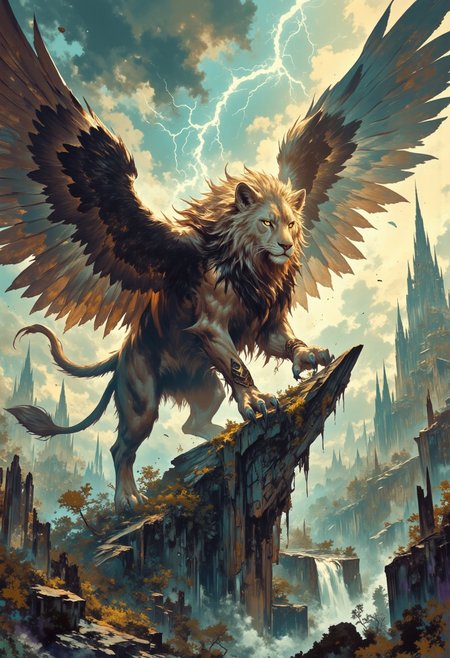 A powerful digital painting capturing a majestic griffin guardian soaring fiercely through stormy skies above ancient ruins. Its eagle-like head and talons gleam with golden hues illuminated by dramatic lightning flashes piercing through dense clouds, highlighting every feather and muscle in vivid detail. The lion's muscular body and tail ripple with strength as it dives protectively downward, wings spread wide in an aggressive yet graceful posture. Below lies a sprawling landscape of crumbling stone temples entwined with vines and moss, bathed intermittently in stark contrasts of light and shadow from the tempest above, creating a sense of awe-inspiring power and impending drama. Mythical creature fantasy, stormy dramatic lighting, dynamic aerial action pose.
 Intricate linework with expressive contrasts, low-key lighting with cool shadows dynamic highlights. In the style of ff-td, DB4RZ, DB4RZ style painting