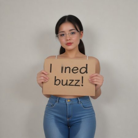 need_buzz, holding sign, Best quality, 1girl, cute girl 25 years old. She is wetting her jeans. Dark patch glistening on crotch. She is outside the office door while completely wet herself. Looking at viewer with pledging eyes, teared up. Chinese Asian young adult cute model. High resolution. Photo realistic. Extremely detailed face. Extremely detailed eyes. Big eyes. Wearing nerdy glasses while peeing her jeans.