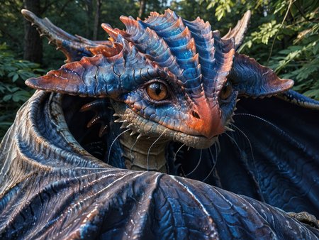 <lora:MH_Namielle_a1_5_PonyXL:0.95>,score_9,score_8_up,score_7_up, nature photography, (close_up:2)  frontview, face focus
sunlight, bloom, subsurface scattering, sharp hyper detailed, dramatic lighting, , (shiny metallic skin:1.2), (ultra-detailed small micro scales), bright highlights,
namielle,feral,by zackary911,by syuro,by hanuvo, long thick whiskers ,closed folded wings, massive size, wings like a metallic blanket, (wide head:1.2),solo,hi res,detailed background,forest, <lora:RM_Enhancer_v1.0_bf16:.1>  <lora:p:.2> <lora:Add_More_details_SD3:.5> ,