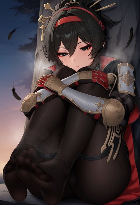 ayo,  outdoors, undershirt, falling feathers, black bodysuit, hair stick, hugging knees, knees to chest, gauntlets, eyeshadow, red gloves, two sides up, black capelet, red hairband, black eyes, 1girl, solo, feet, visible breath, dynamic angle, foreshortening, smell, steam, outdoors, undershirt, falling feathers, black bodysuit, hair stick, hugging knees, knees to chest, gauntlets, eyeshadow, red gloves, two sides up, black capelet, red hairband, black eyes, 1girl, solo, feet, visible breath, dynamic angle, foreshortening, smell, steam,