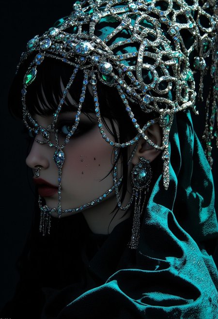 A enchantress materializes, her sad eyes are shattered emeralds. A tattered veil clings to her skin, casting an eerie silver glow. Chrome splinters crown her head, diamonds flashing like fireflies on a summer's night. A bejeweled latticework sprawls across her face, silver chains and diamonds glinting with manic light. Amidst this maelstrom, she remains serene, her gaze a cold, dark mirror reflecting the viewer's soul. A siren's call, beckoning deeper into the madness, her presence a whispered secret in the velvet darkness.