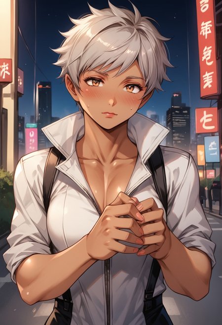 score_9, score_8_up, score_7_up, solo, 1girl, grey hair, dark-skinned female, blush, muscular, Big Breast, short hair, city, jumpsuit brown,
 <lora:add-detail-xl:1.0> ,(((feminine bodies))),(((perfect anatomy))), (((correct arms))), (((correct hands))), detailed eyes、detailed face and detailed skin <lora:add-detail-xl:1.0>,,dark skin, Dark Skin Female, Dark elf