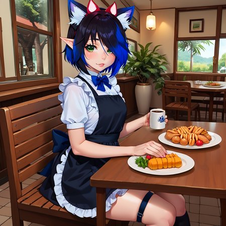 hailey, 1girl, animal ears ,black hair, blue hair, cat ears, freckles, green eyes, hair over one eye, lips, looking at viewer, multicolored hair, pointy ears, short hair, solo, closed mouth, thigh strap, tree, two-tone hair, food on table, chairs, indoors, source_anime, restaurant, at restaurant, from side, leaning,
jyojifuku, frills, kneehighs, apron, multicolor apron, white frills, black apron, black kneehighs, blue threads, blue bow tie, pockets,
food_focus, coffee mug, holding mug,
<lora:Hailey-ponyxl:0.6>,  <lora:maid_Pony_V1.0:1>,  <lora:Real_Anime_v2:0.3>,  <lora:Food_Focus:0.3>