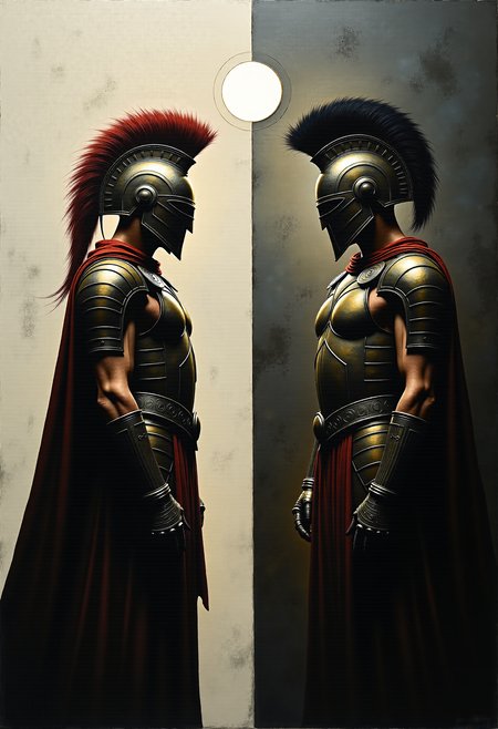 0n1r1c, Create a dramatic impasto painting with drips and painterly smudges of two majestic warriors, inspired by Achilles, the central character in Homer's Iliad, wearing futuristic, metallic full-body armor with a complex, segmented design. 

The painting is divided vertically into three sections.
The left section, only white, is dominate from Hector, his
warrior's helmet should have a striking red horsehair crest.
The background of this left section is a light white.
The middle section, only light gray, showcases a high, arched window below the upper edge of the painting, through which the moon shines.
The background of this middle section is a light gray.
The right section, only dark gray, is dominate from Patroclus, his warrior's helmet should have a striking white horsehair crest.
The background of this right section is a dark gray.

Both helmets reminiscent of ancient Greek soldiers.
Both armors should have multiple plates and reinforcements, covering the entire body and combining both ancient and modern aesthetics. 

The shoulder plates and bracers of both armors should feature additional plating with gold accents. Both warriors should wear long, flowing black capes, adding a touch of royalty. Their overall appearance should exude strength, nobility, and a harmonious blend of the antique and the modern. Set the scene in a dark, grand hall with high, arched windows in the background. The painting should emphasize a combination of ancient grandeur and a futuristic, modern, and abstract style, with dramatic lighting features in a monochromatic scheme, primarily in shades of black, white, and gray.
