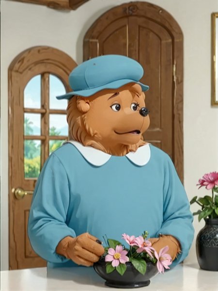 socre_9,score_8,score_7,source_furry,
berenstain_bear_mom, berenstain_mom, blue headwear, orange body, orange fur, bear ears, bear tail,
berenstain_bear_mom, berenstain_mom, mama_bear, berenstain_bear_mom, female, female furry, official art, official style, hat, solo, flower, 1girl, blue shirt, female focus, shirt, black eyes, blue headwear, plant, upper body, parody, indoors, hat, solo, flower, vase, blue headwear, 1girl, furry female, female focus, furry, window, upper body, indoors, flat color, blue shirt, door, pink flower, black eyes,
<lora:Mama_Bear_Berenstain_Bears_r1:1>