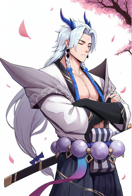very awe,aesthetically pleasing,masterpiece,best quality,amazing quality,very aesthetic,ultra-detailed,high resolution,8k,1boy,solo,cowboy shot,male focus,detailed face,japanese clothes,horns,weapon,long hair,white hair,pectorals,beads,jewelry,standing,crossed arms,closed eyes,cherry blossoms,<lora:Yone Spirit Blossom:0.8>,y0ne spirit blossom,